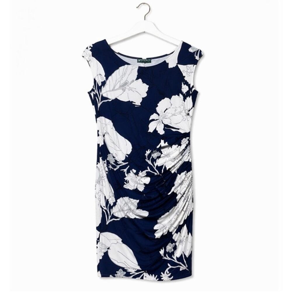 Lauren Ralph Lauren Floral Sheath Dress Size 16 Navy White Ruched Career